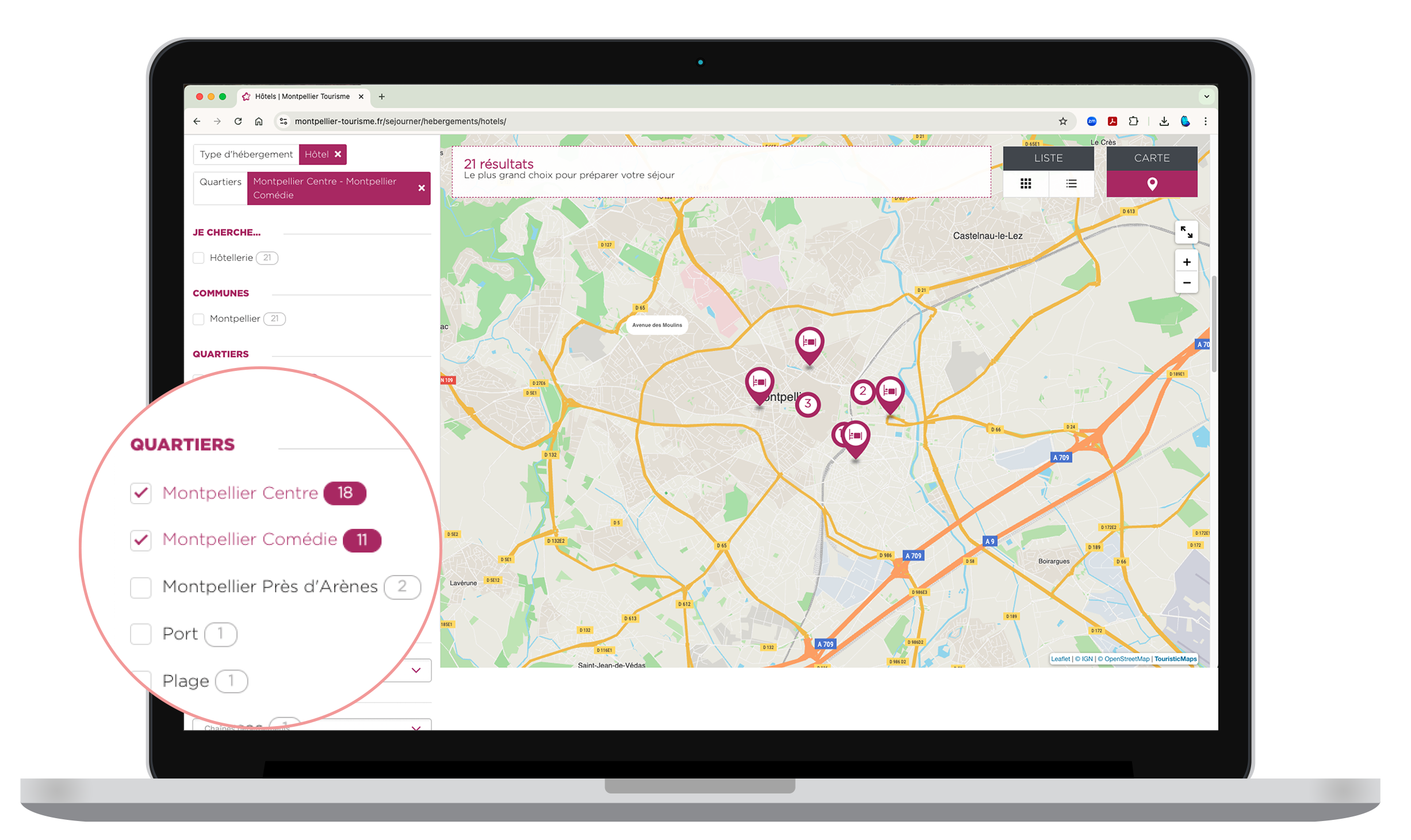 zoom sur les quartiers à sélectionner sur le site web de l'office du tourisme pour trouver un hôtel 